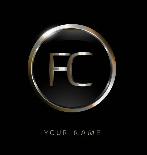 Vector illustration of FC initial letters with circle elegant logo golden silver black background