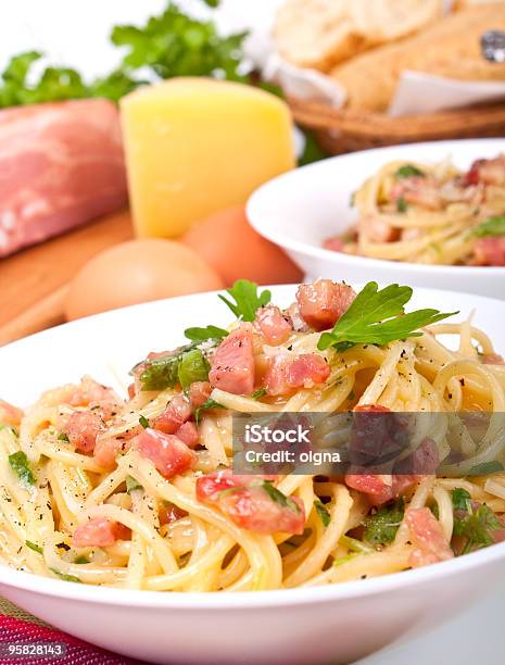 Spaghetti Carbonara Stock Photo - Download Image Now - Animal Egg, Bacon, Bowl