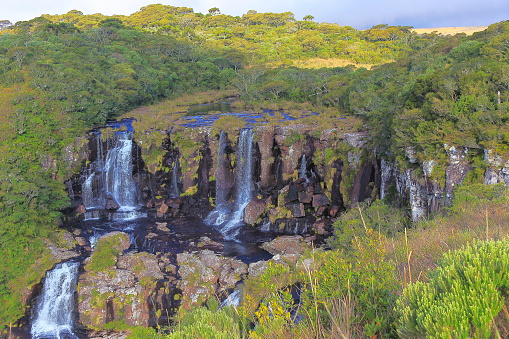 Waterfall cascade at sunrise, Southern Brazil countryside landscape, border with Argentina and Uruguay