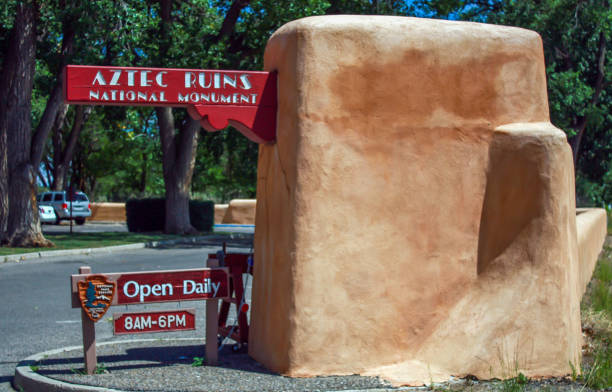 The main entrance sign of Aztec Ruins  National Monument in New Mexico.