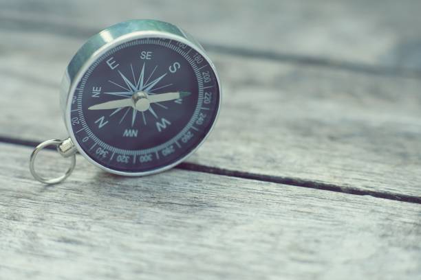 istock Compass on old wooden table background, journey planning concept, vintage tone 958295080