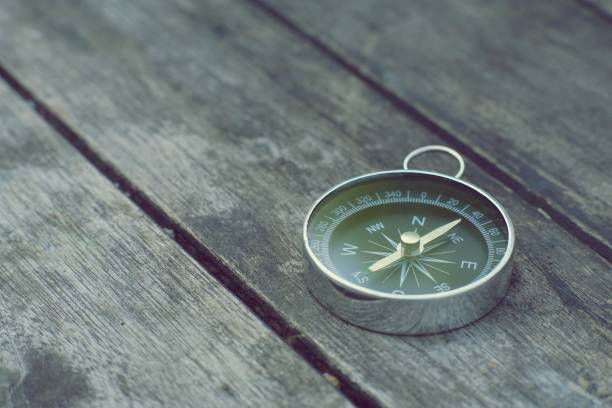 istock Compass on old wooden table background, journey planning concept, vintage tone 958295246