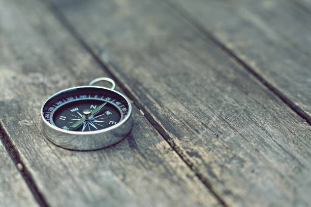 istock Compass on old wooden table background, journey planning concept, vintage tone 958295776