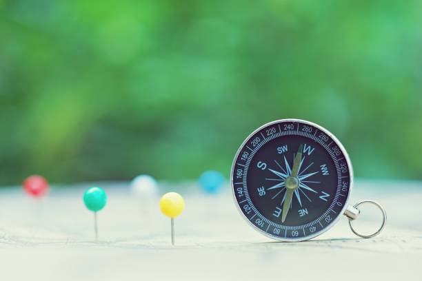 istock Compass with smooth blur green garden background, journey concept 958295798