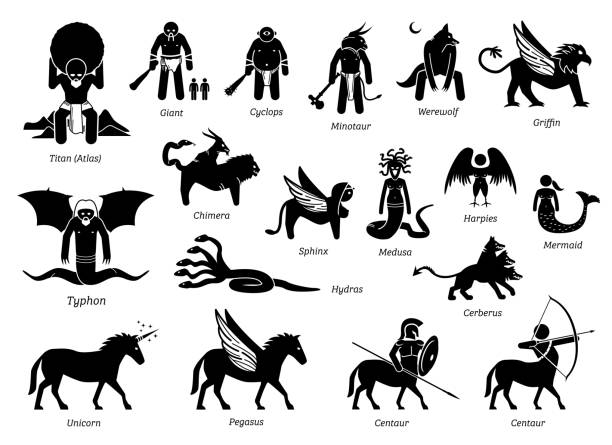 ilustraciones, imágenes clip art, dibujos animados e iconos de stock de monstruos de la mitología griega antigua y conjunto de iconos de personajes de criaturas - pegasus horse symbol mythology