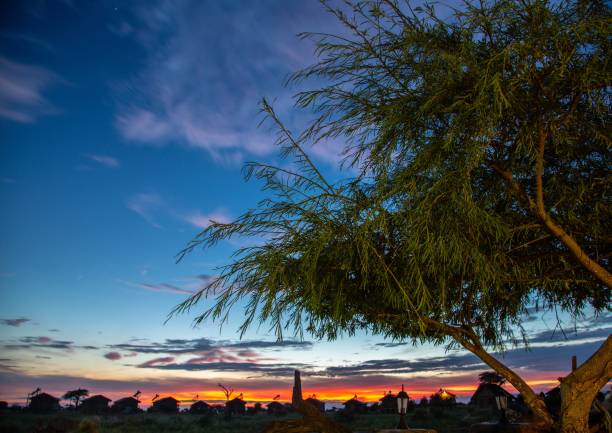 Sun rise over the game reserve Elephant Sands in Botswana during summer
