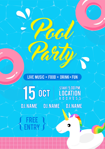 Pool party invitation flyer vector illustration, Top view of swimming pool with unicorn pool float and pink inflatable ring floating on water.