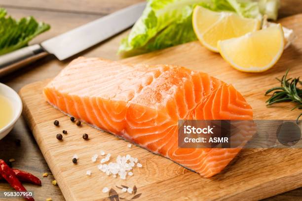 Raw Salmon Steak Stock Photo - Download Image Now - Salmon - Seafood, Vitamin D, Fish