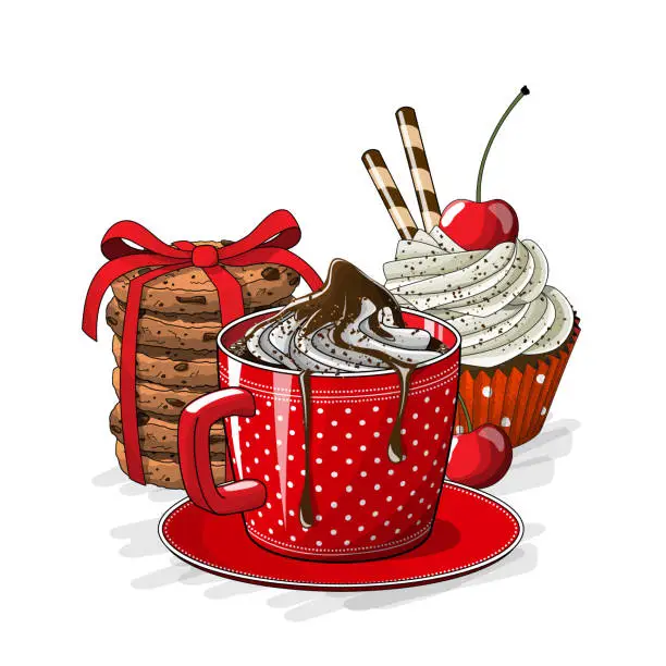 Vector illustration of Cup of coffe, cupcake and cookies illustration