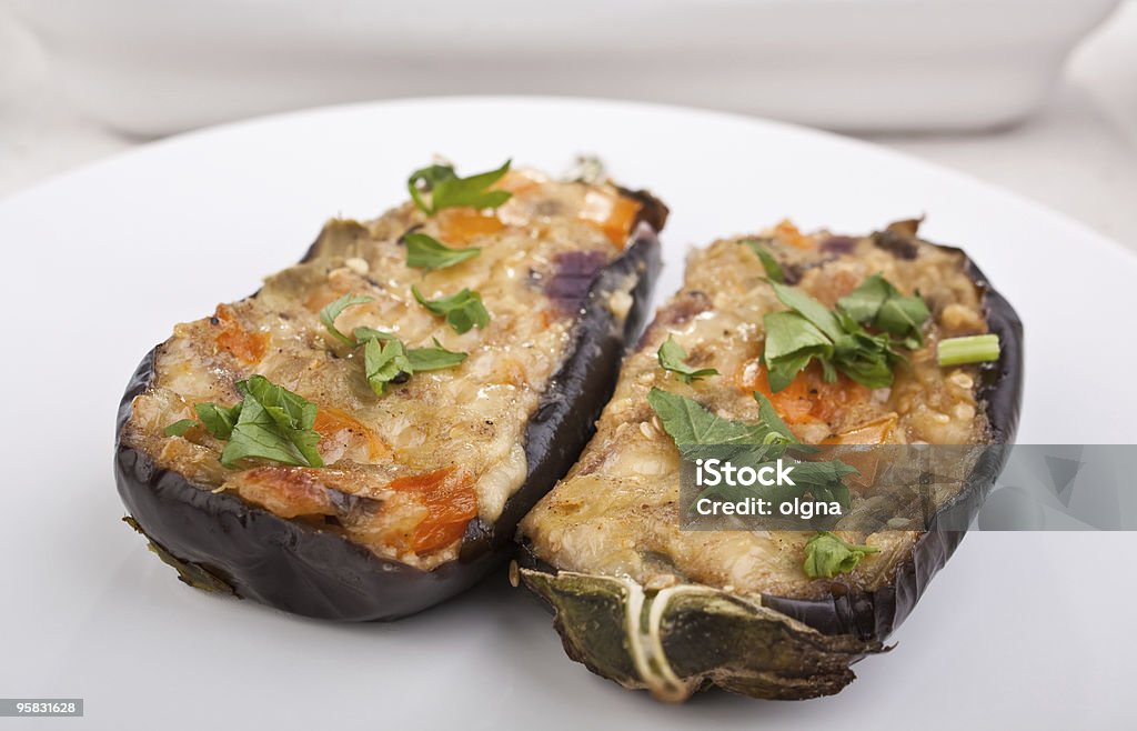 two stuffed aubergines  Baked Stock Photo