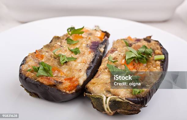 Two Stuffed Aubergines Stock Photo - Download Image Now - Baked, Cheese, Color Image