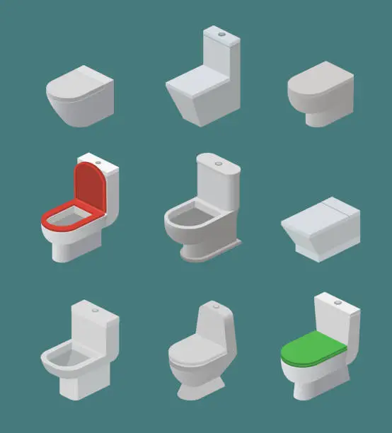 Vector illustration of Toilet bowl and seat vector isometric icons toiletries flush and bathroom ceramic equipment or sanitary toilette in wc closet or lavatory with toiletware illustration isolated on background