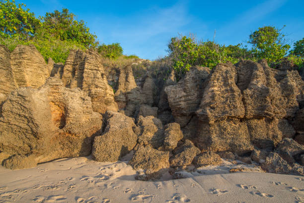 formação de rocha de arenito no cabo wirrwawuy de praia da cidade de nhulunbuy estado do território norte da austrália. - northern territory australia beach wilderness area - fotografias e filmes do acervo