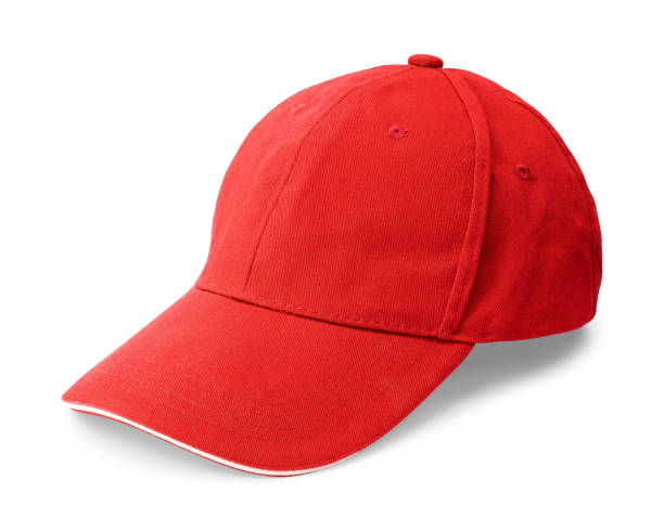 czerwona czapka odizolowana na białym tle. szablon czapki z daszkiem z przodu. (ścieżka przycinania) - baseball cap hat merchandise nature zdjęcia i obrazy z banku zdjęć