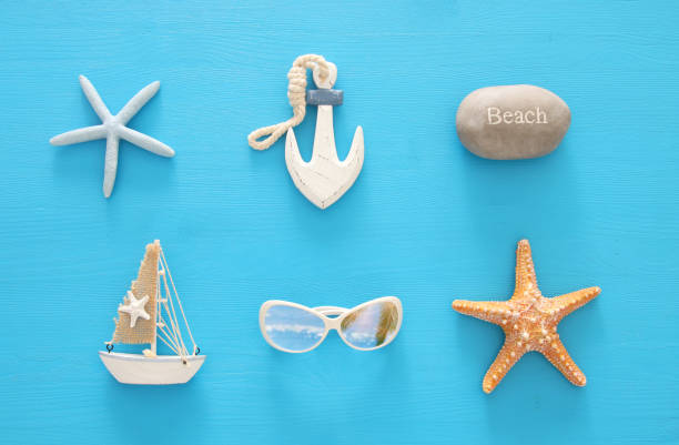 nautical, vacation and travel image with sea life style objects. Top view.