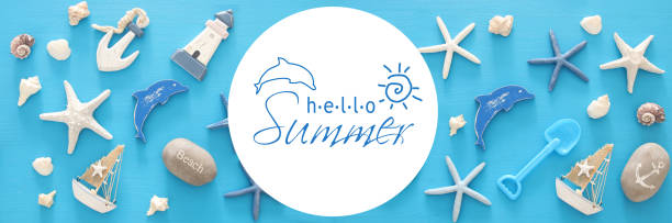 istock nautical, vacation and travel banner with sea life style objects. Top view. 958330540