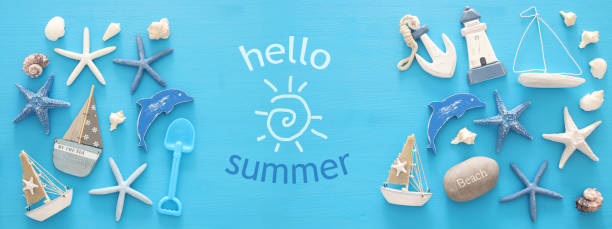 nautical, vacation and travel banner with sea life style objects. Top view.