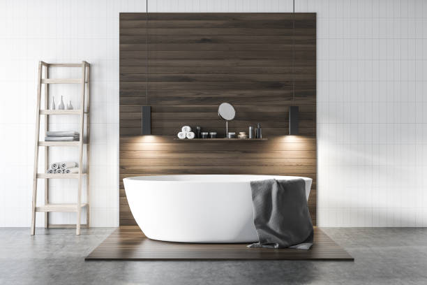 istock White and dark wooden bathroom 958332578