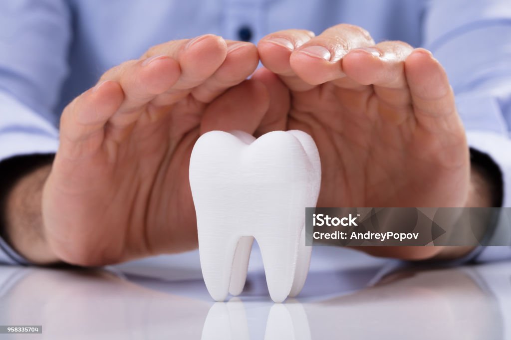 Menschenhand weißen Zahn zu schützen - Lizenzfrei Zahn Stock-Foto