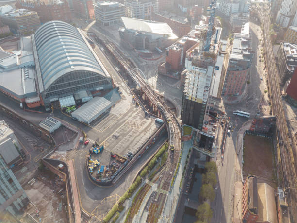 istock Manchester City Centre Drone Aerial View Above Building Work Skyline Construction Blue Sky Summer Beetham Tower Deansgate 958336076