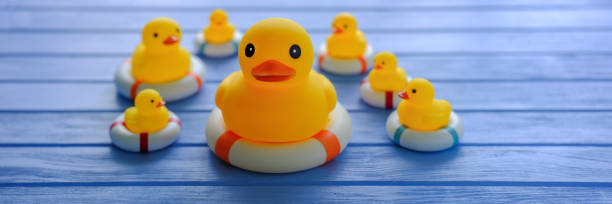 istock Large yellow rubber duck with small yellow rubber ducks in a group, all on inflatable life rings, scene set on a blue wood background which, conceptually represents water. 958336316