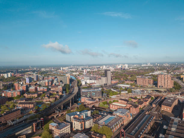 istock Manchester City Centre Drone Aerial View Above Building Work Skyline Construction Blue Sky Summer Beetham Tower Deansgate 958336384