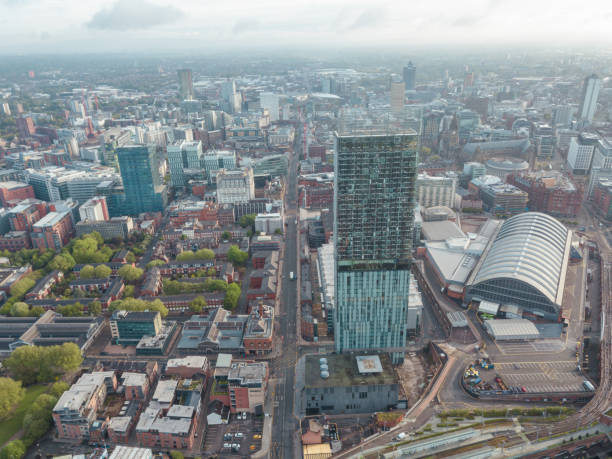 istock Manchester City Centre Drone Aerial View Above Building Work Skyline Construction Blue Sky Summer Beetham Tower Deansgate 958336462