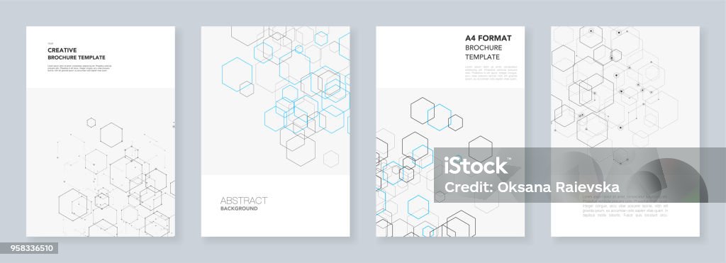 Minimal brochure templates with hexagons and lines on white. Hexagon infographic. Digital technology, science or medical concept.Templates for flyer, leaflet, brochure, report, presentation. Minimal brochure templates with hexagons and lines on white. Hexagon infographic. Digital technology, science or medical concept.Templates for flyer, leaflet, brochure, report, presentation Hexagon stock vector