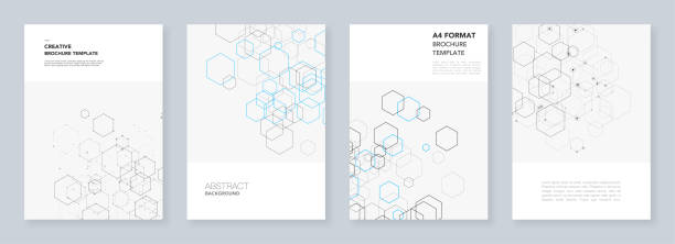 Minimal brochure templates with hexagons and lines on white. Hexagon infographic. Digital technology, science or medical concept.Templates for flyer, leaflet, brochure, report, presentation. Minimal brochure templates with hexagons and lines on white. Hexagon infographic. Digital technology, science or medical concept.Templates for flyer, leaflet, brochure, report, presentation report templates stock illustrations