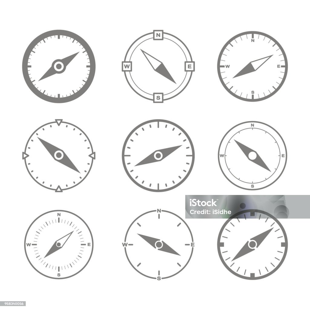 Ensemble d’icônes monochromes avec boussole - clipart vectoriel de Boussole libre de droits