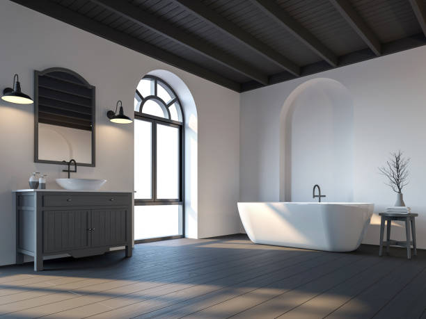 istock Scandinavian bathroom with black wood floor 3d render 958343624
