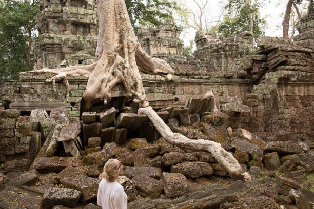 istock Woman admires tree roots growing over ancient temple. 958343826