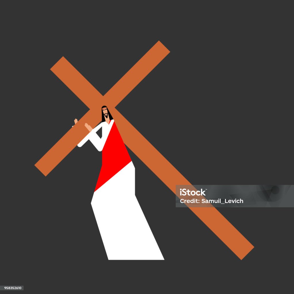 Jesus carry cross. Gods Son. Biblical religious vector illustration Angel stock vector
