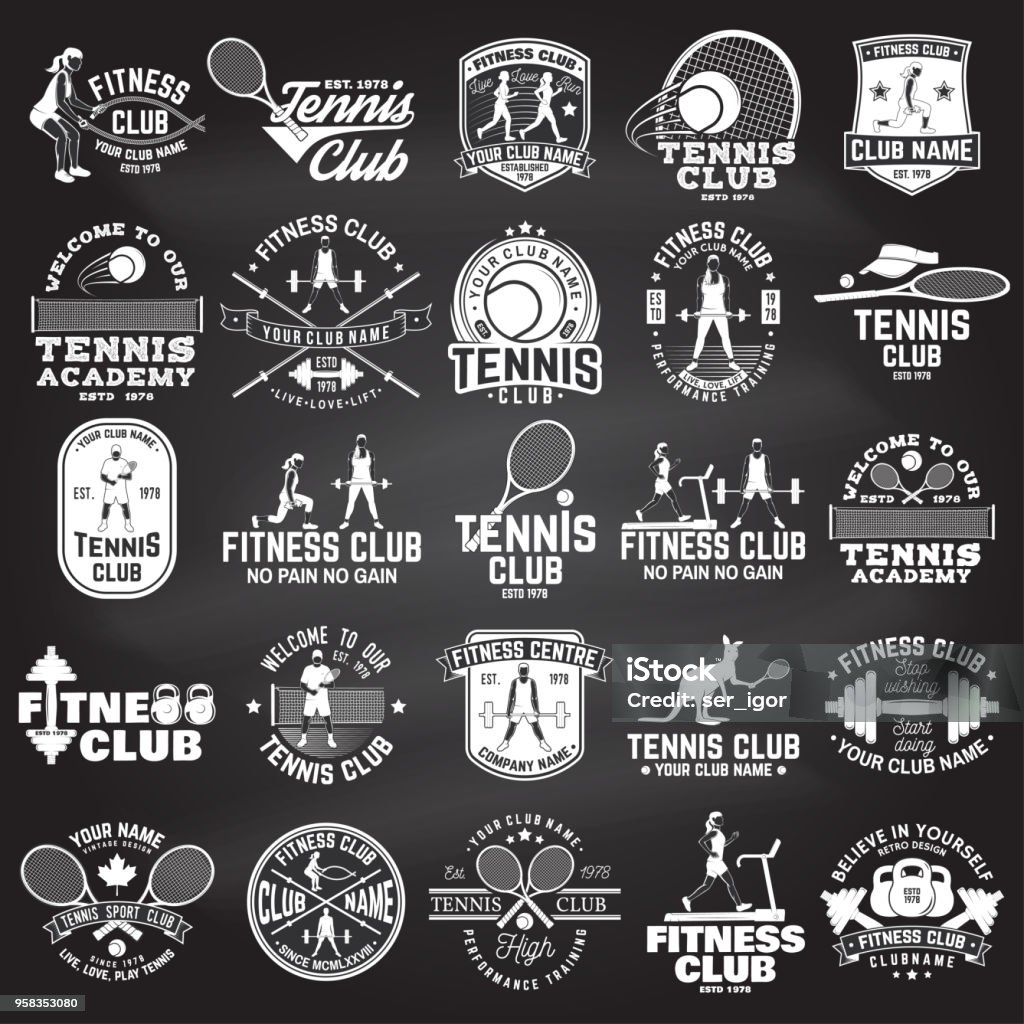 Set of fitness and tennis club concept with girls doing exercise and tennis player silhouette Set of fitness and tennis club concept with girls doing exercise and tennis player silhouette. Vector fitness and tennis club retro badges. For gym signs, emblems and others related business. Tennis stock vector