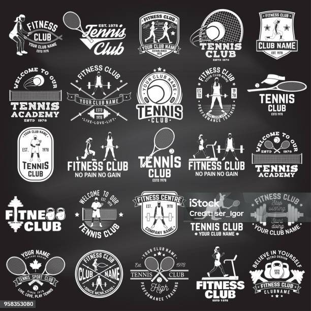 Set Of Fitness And Tennis Club Concept With Girls Doing Exercise And Tennis Player Silhouette Stock Illustration - Download Image Now