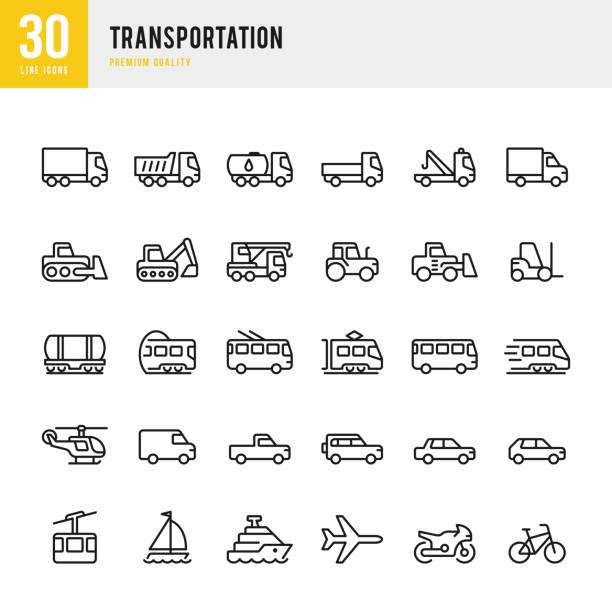 ilustraciones, imágenes clip art, dibujos animados e iconos de stock de transporte - conjunto de iconos de vector de línea - tipo de transporte