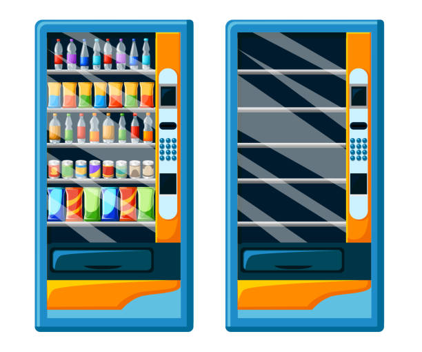 istock Vintage vending machine advertisement poster with snacks and drinks packaging set Food And Drink Vending Machines Design Set Stylized vector illustration. Web site page and mobile app design 958371798