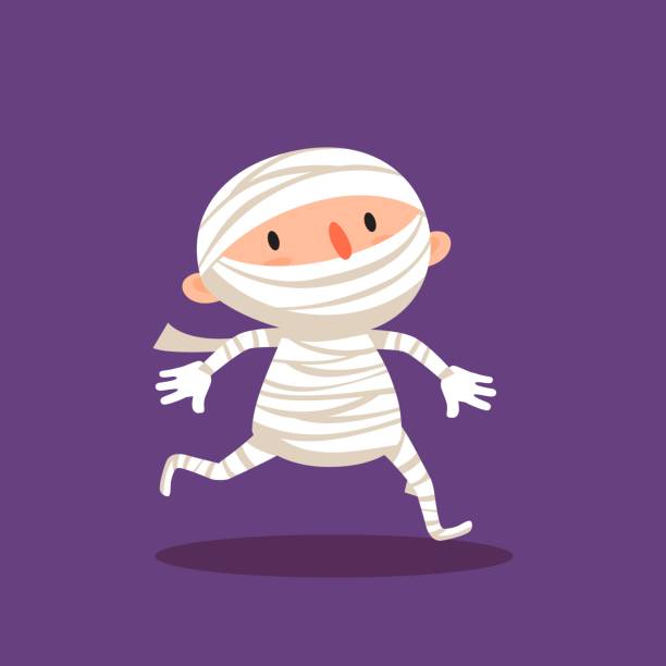 ilustraciones, imágenes clip art, dibujos animados e iconos de stock de momia halloween niño en traje de momia ilustración vector aislado de truco o trato - running mummified horror spooky