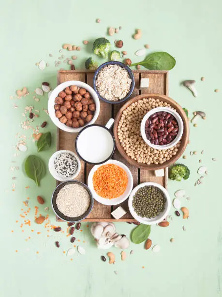 Vegetable albumen sources. Plant protein (beans, nuts, vegetables, mushrooms, seeds) on green background. Vegan and vegetarian food concept. Flat lay.