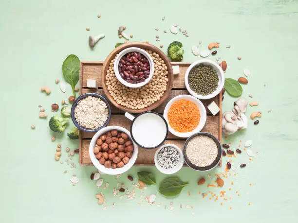 Vegetable albumen sources. Plant protein (beans, nuts, vegetables, mushrooms, seeds) on green background. Vegan and vegetarian food concept. Flat lay.