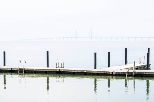 霧の日の桟橋、橋を入浴 - klagshamn ストックフォトと画像