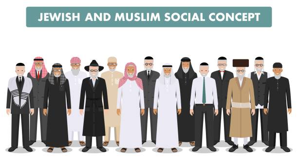 istock Muslim and jewish social concept. Group old people standing together in different traditional clothes in flat style. Israeli and arabic man in the national dress. Vector illustration. 958376270
