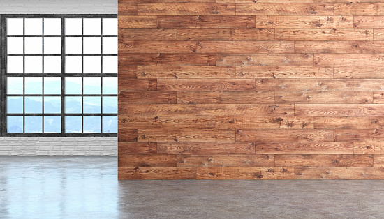 Loft wood empty room interior with concrete floor, window and brick wall. 3D render illustration.