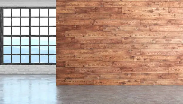 Loft wood empty room interior with concrete floor, window and brick wall. 3D render illustration.