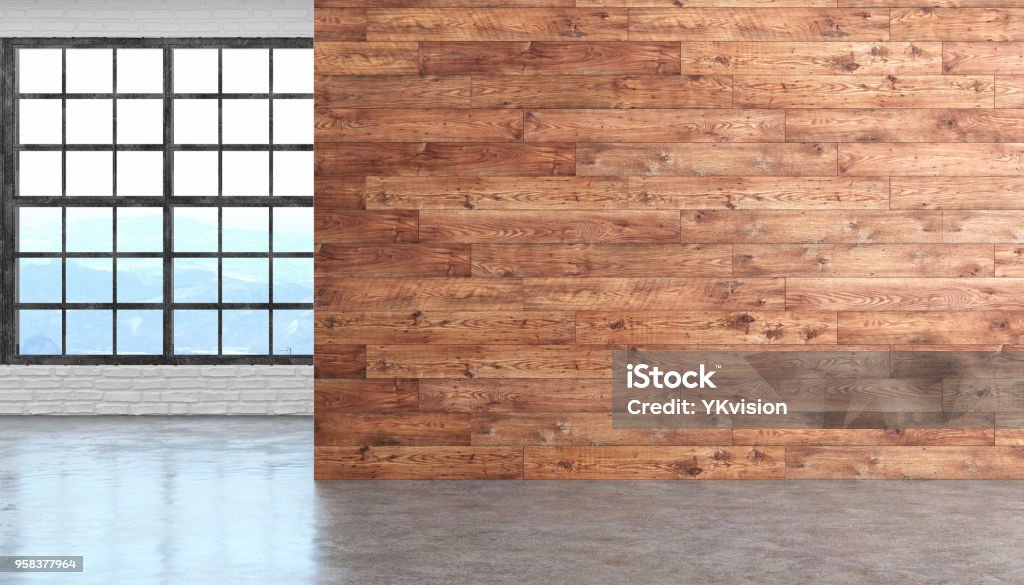 Interior de madeira quarto vazio de sotão com parede de piso, janela e tijolo de concreto. Ilustração 3D render. - Foto de stock de Escritório royalty-free