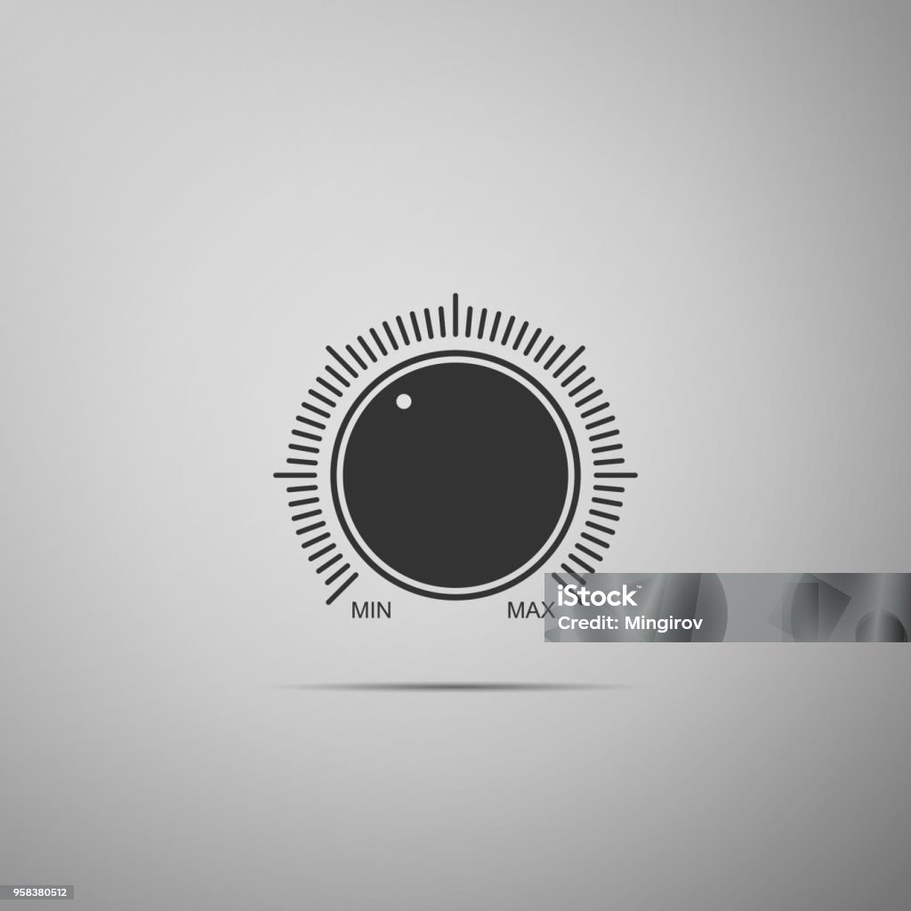 Marcar el icono de configuración de nivel de mando aislado sobre fondo gris. Botón de volumen, control de sonido, música perilla con escala número, control de sonido, regulador analógico. Diseño plano. Ilustración de vector - arte vectorial de Ruido libre de derechos