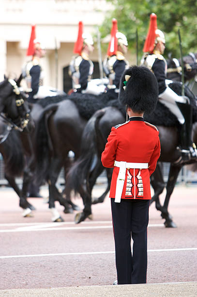 protegendo sua majestade durante trooping the colour, londres - honor guard buckingham palace protection london england imagens e fotografias de stock