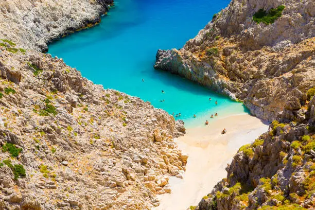 Secret beach on remote island. Rizoskloko (Seitan Limani), Crete, Greece.