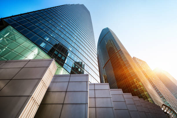istock Up View in Financial District under Sun Flare, Shanghai, China 958385196