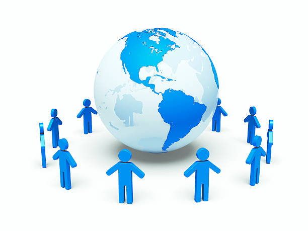 istock Group of people standing round globe. 3D image 95838881